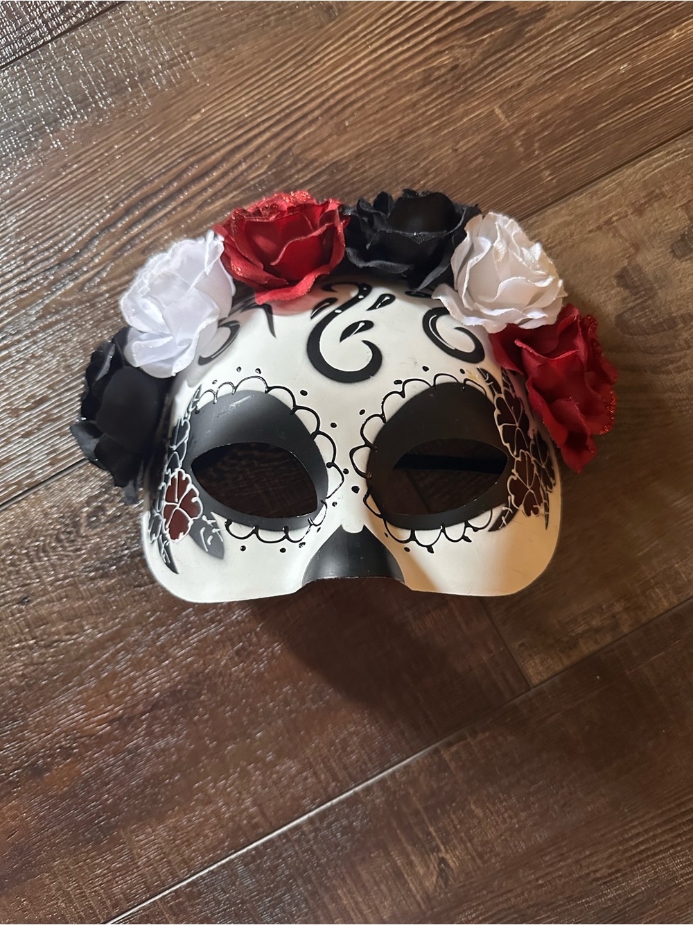 White Sugar Skull Mask with Red, Black & White Floral Accents, Halloween